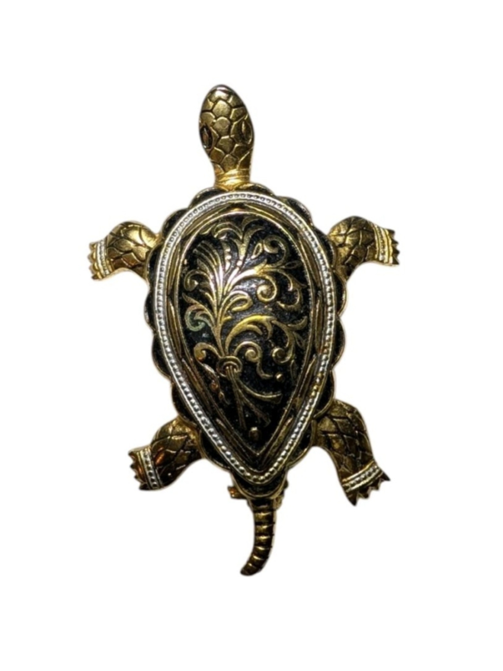 Damascene Turtle Brooch Black Gold Tone Vintage with Patina Oxidation See Photo